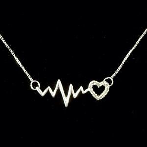 925 Sterling Silver Heartbeat Diamond Heart Necklace EKG With SS Chain 18”